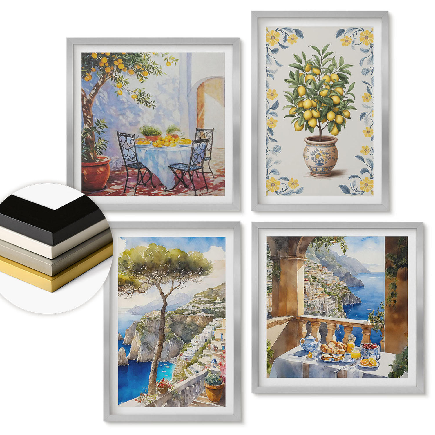 WANDBILDER 4er Set - 50x50 cm & 40x60 cm Silberner Rahmen - Gemälde von Zitronenbäumen - Silberfarben, Kunststoff (50/50cm) - ArtPrintCave