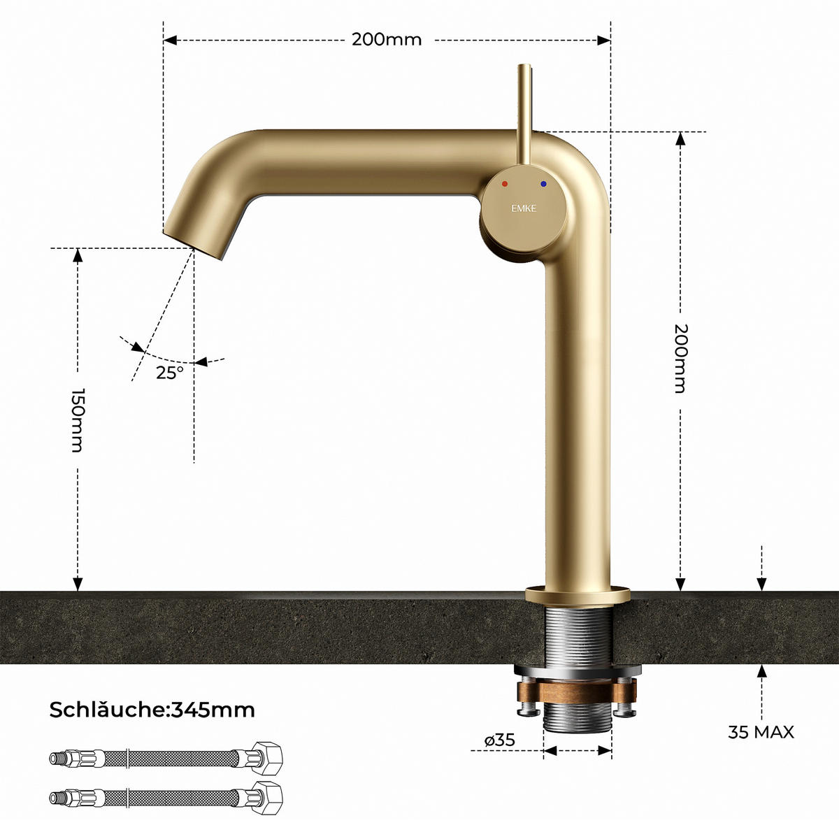 WASCHTISCHARMATUR Ventilkernzertifizierung Champagnergold 15cm - Goldfarben, Metall (20/7.6/22.2cm) - EMKE
