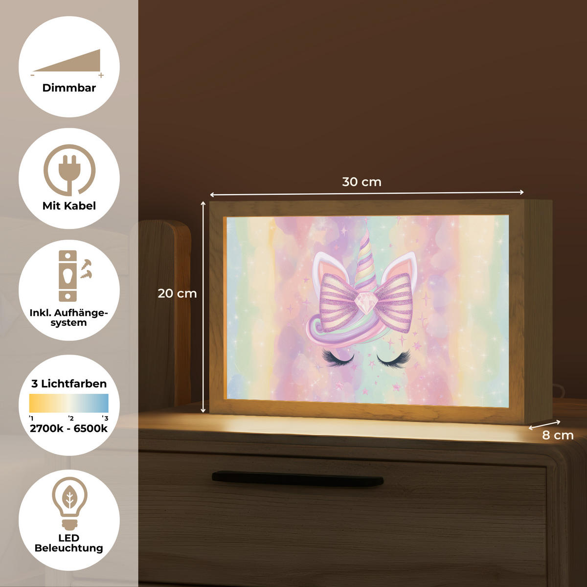 NACHTTISCHLAMPE Einhorn - Glitzer - Regenbogen - Pastell 30x20 cm - Hellrosa, Holzwerkstoff (8/30/20cm)