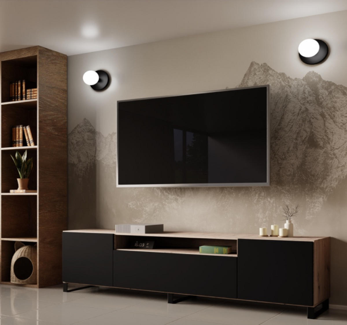 TV-SCHRANK Schwarz LION Metallbeine 200 cm - Schwarz/Eiche Artisan, Holzwerkstoff (200/53/41cm) - Sepro Meble