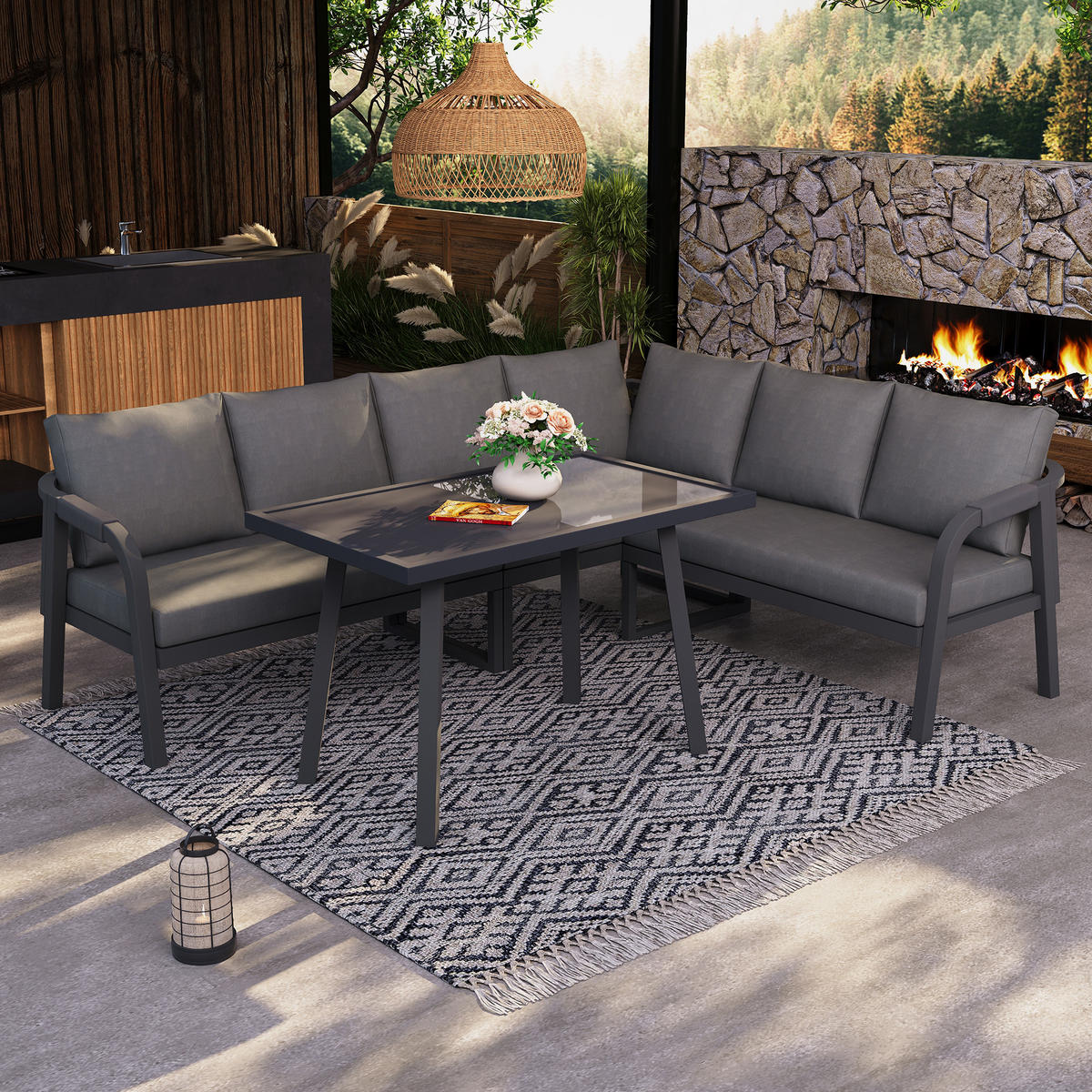 GARTEN-ESSGRUPPE 6 Personen Ecksofa Esstisch Stahl Grau - Grau, Textil - FLIEKS