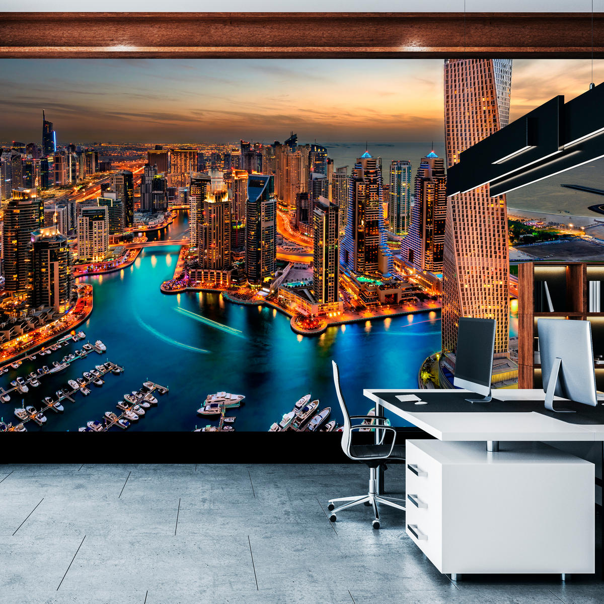 FOTOTAPETA Pre Kanceláriu Mrakodrapy Dubai Marina Prístav Svetlá Moderná 250 x 175 cm - oranžová/hnedá, papier (250/175cm) - Muralo