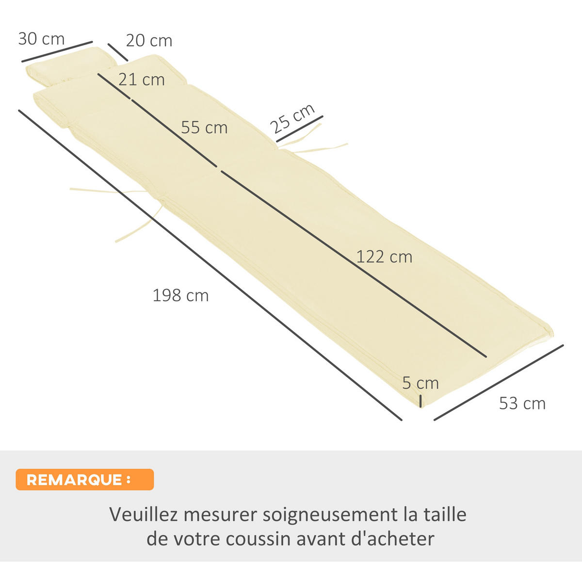 LIEGENAUFLAGE Creme 198/53/5 cm - Creme, Textil (198/5/53cm) - PANGIVO