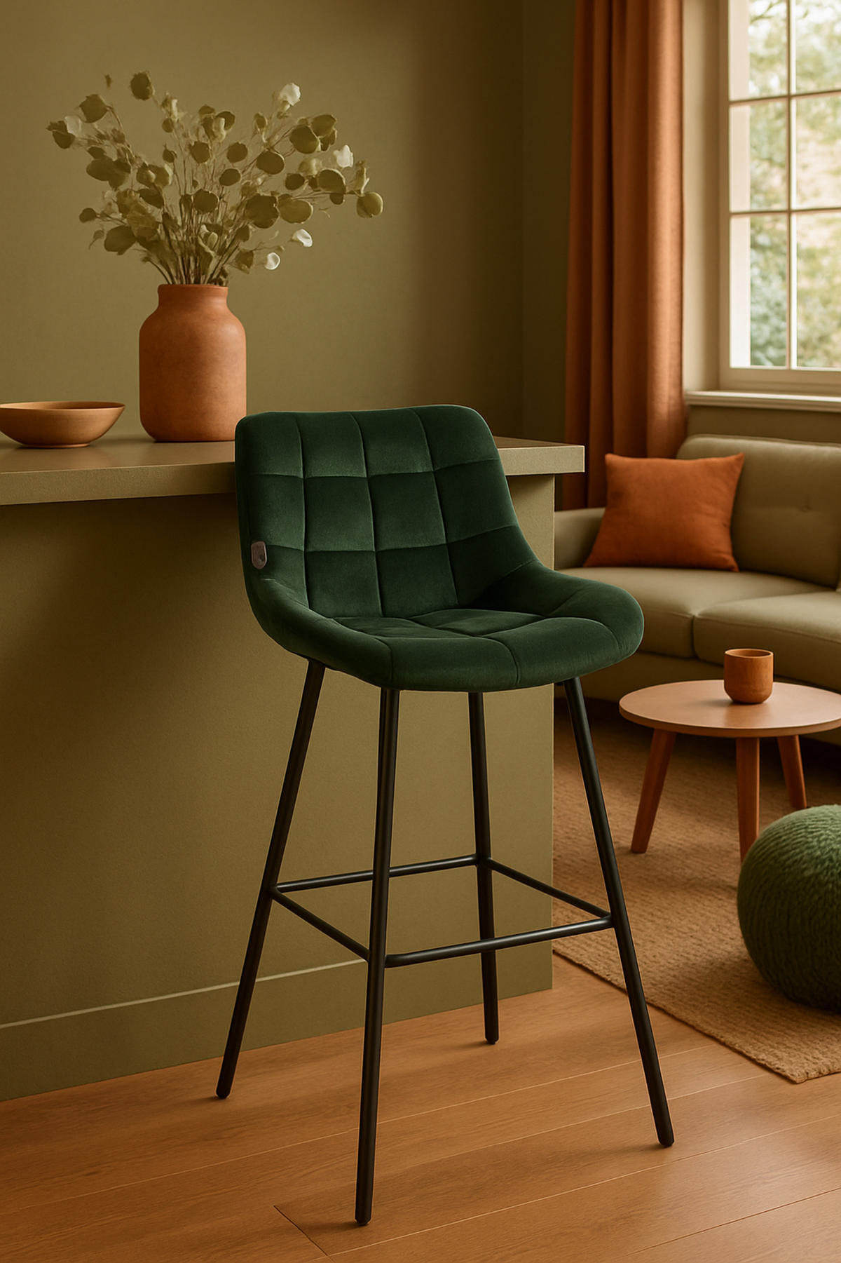 BARHOCKER Welton Samt dunkelgrün - Schwarz/Grün, Textil/Metall (49/104/56cm) - TPFLiving