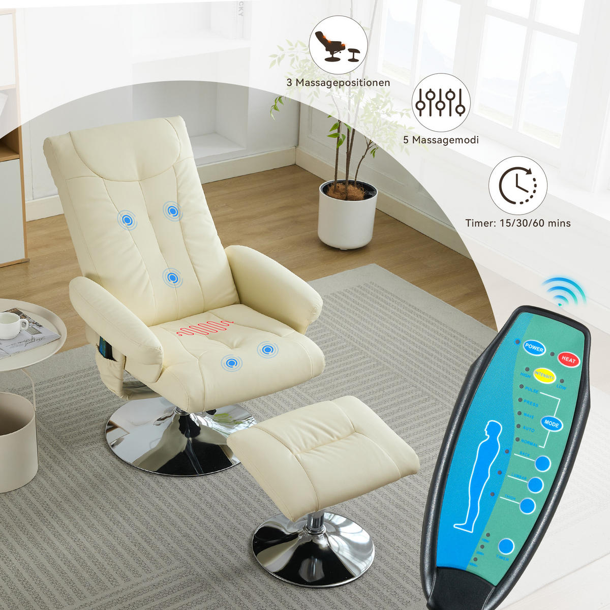 RELAXSESSEL PU mit Massage und Sitzheizung inklusive Hocker 76/75/103 cm Beige - Beige, Kunststoff (75/103/76cm) - Redom