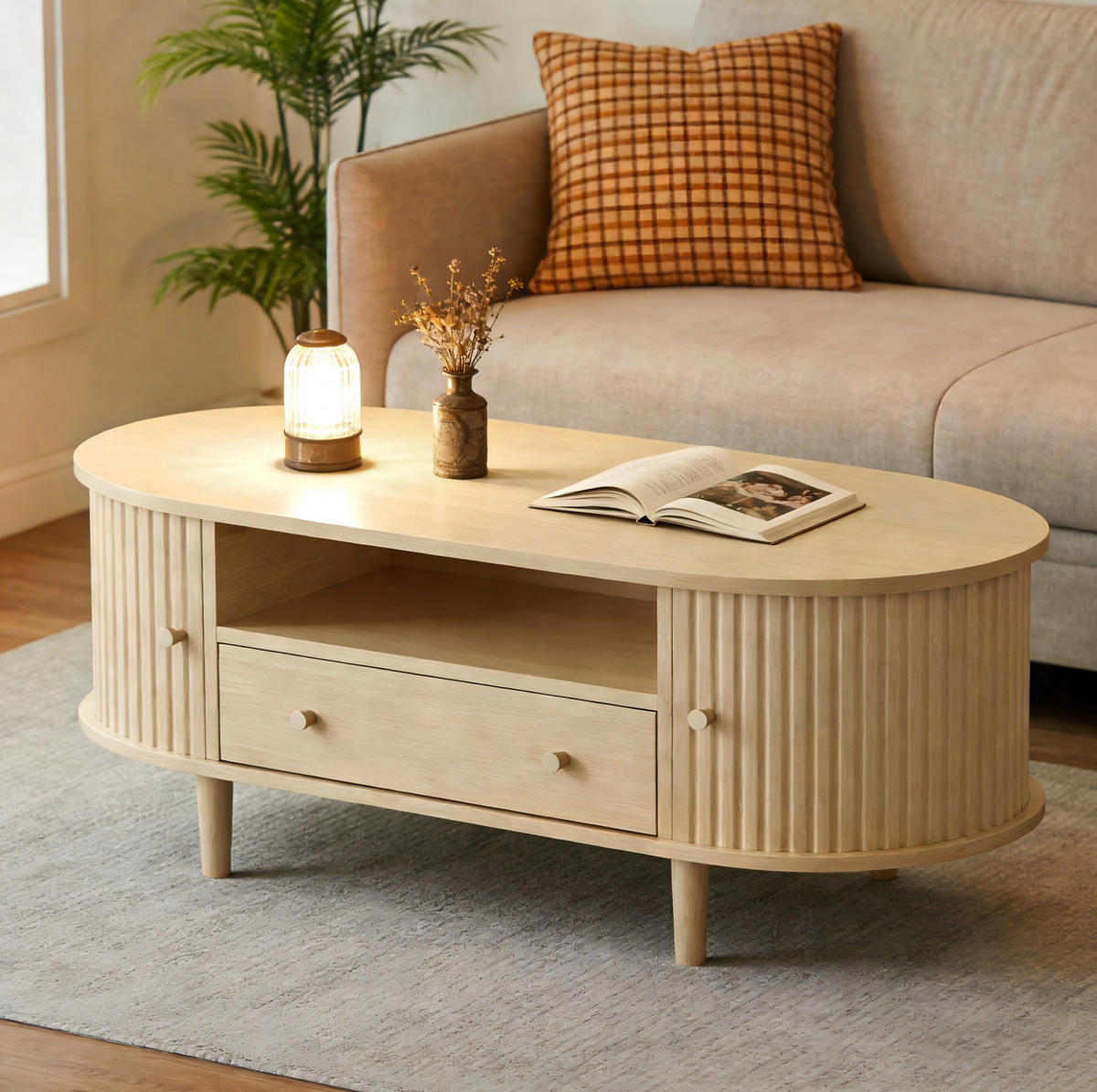 KONFERENČNÍ stolek 100/50/36 cm dubový z MDF s 1 zásuvkou a roletovými dvířky - barva dubu, kompozitní dřevo (100/50/36cm) - OKWISH