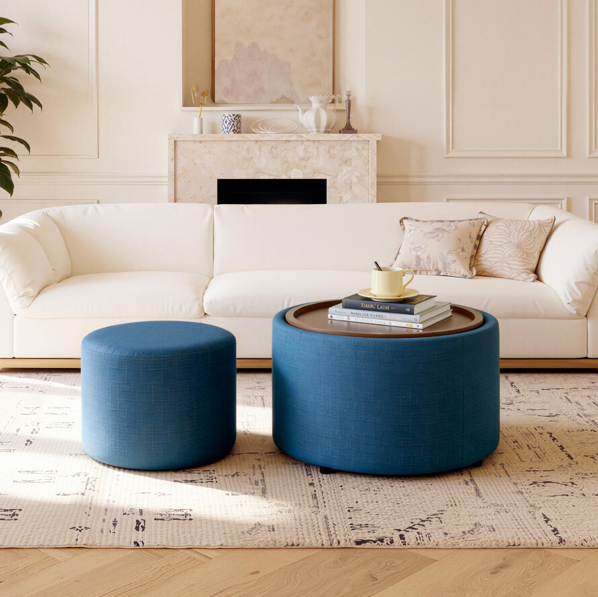 COUCHTISCH 58/58/38 cm mit Stauraum, Holzablage und Nestfunktion, Leinenbezug, Blau - Blau, Textil (58/58/38cm) - Redom