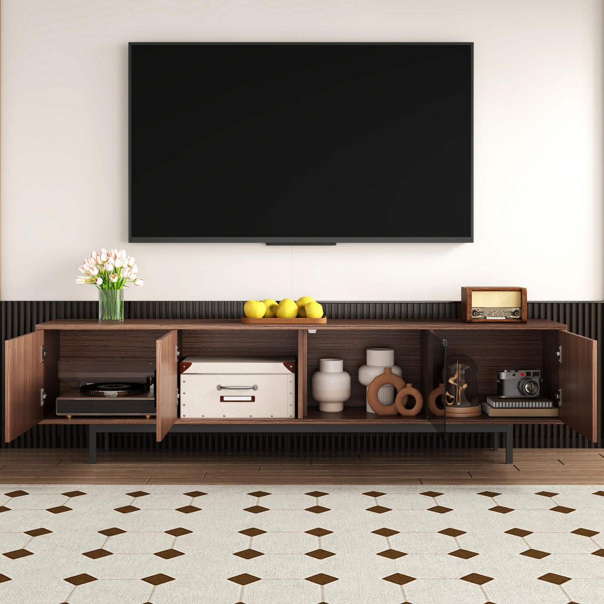 TV-STÄNDER 200/35/53 cm schwarz und Walnussbraun MDF mit intelligentem LED-Lichtstrip und Glastüren - Schwarz, Holzwerkstoff (200/53/35cm) - OKWISH
