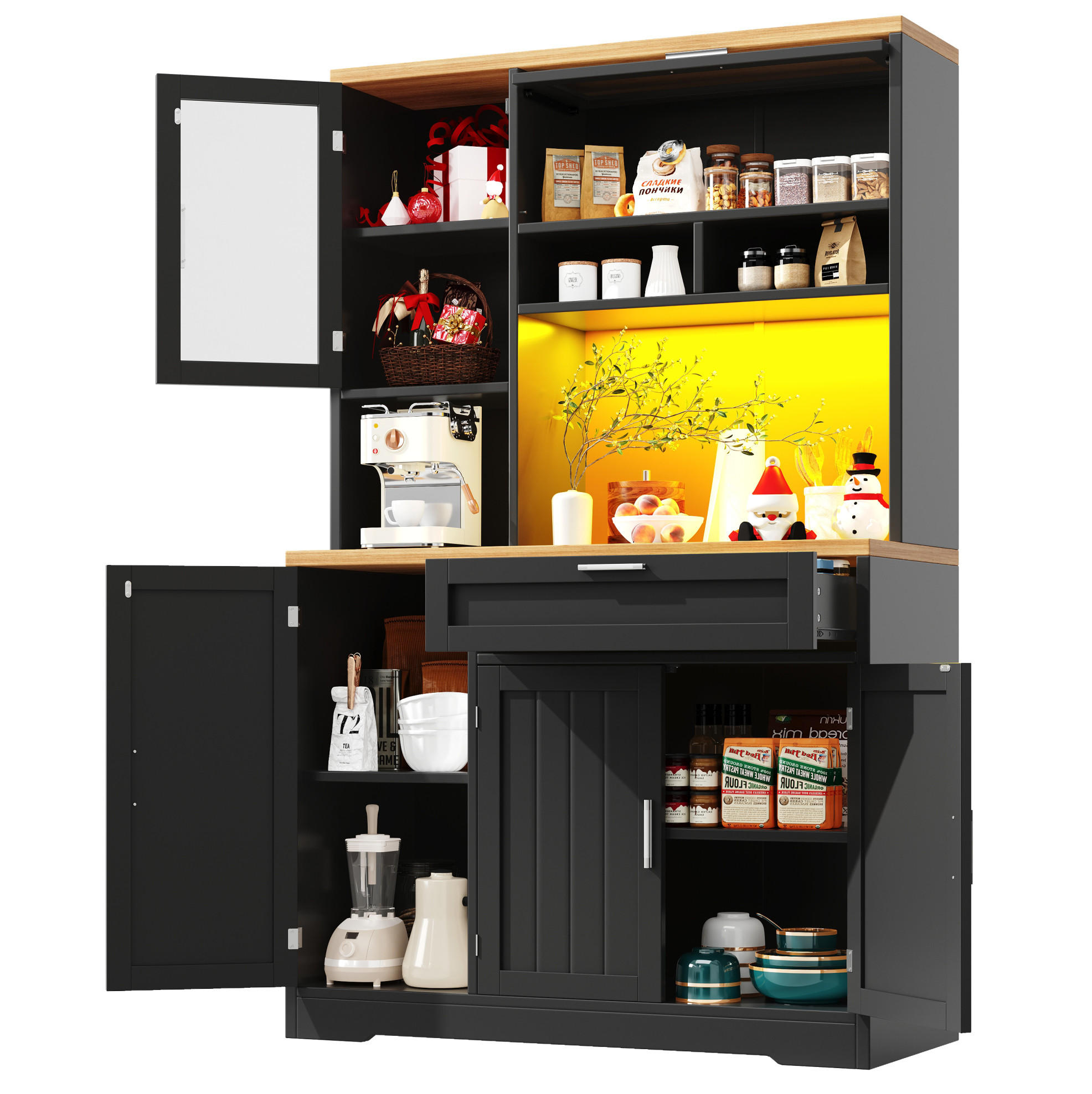 BUFFET 104/40/180 cm in Schwarz mit LED-Beleuchtung und Glastüren - Schwarz, Holzwerkstoff (104/180/40cm) - Flora Grace