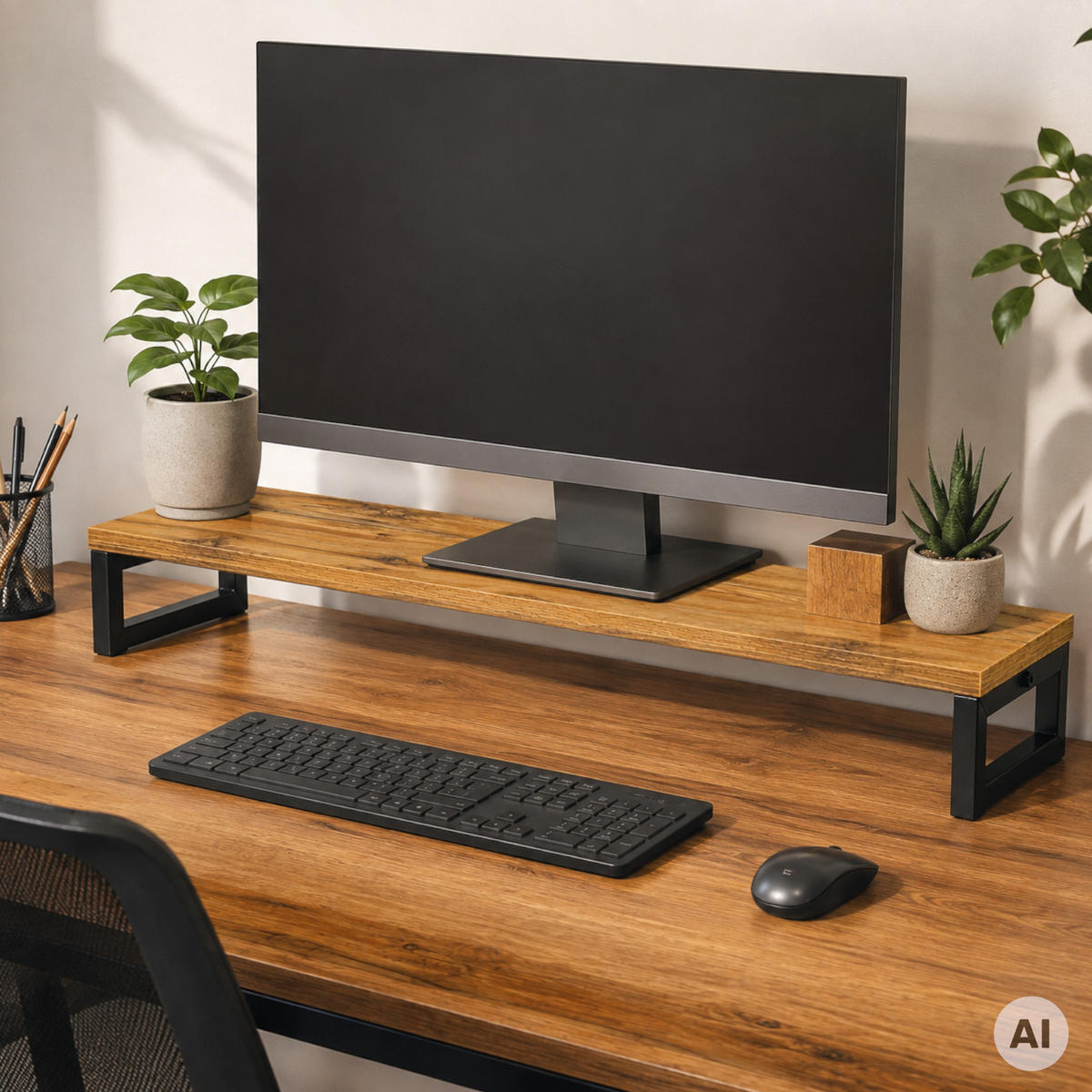 MONITORSTÄNDER MDF Metall Eiche Schwarz 90 x 20 x 10 cm erhöhte Ablage - Eichefarben, Holzwerkstoff (20/90/10cm) - Begryf