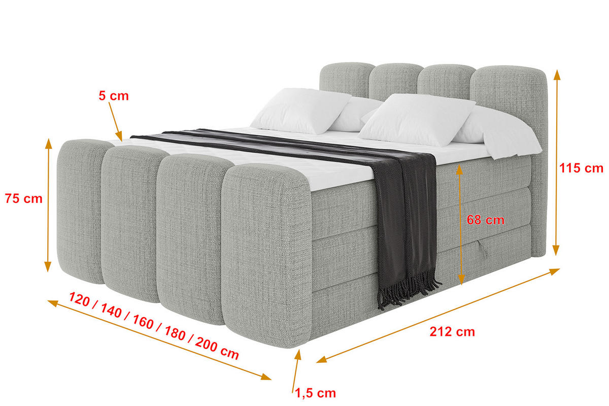 BOXBETT mit Matratze H3|H4 und Lattenrost - NINA-Z KING - 140x200 cm - Hellgrau - Hellgrau, Holzwerkstoff (140/200cm)