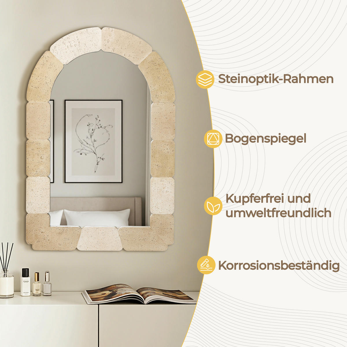 78CM H Bogenförmiger Wandspiegel, Geeignet für Wohnzimmer, Schlafzimmer, Badezimmer und Flur Boho-Stil MDF-Material - Beige/Hellgelb, Holz/Kunststoff (78/3/52cm) - Hometopia