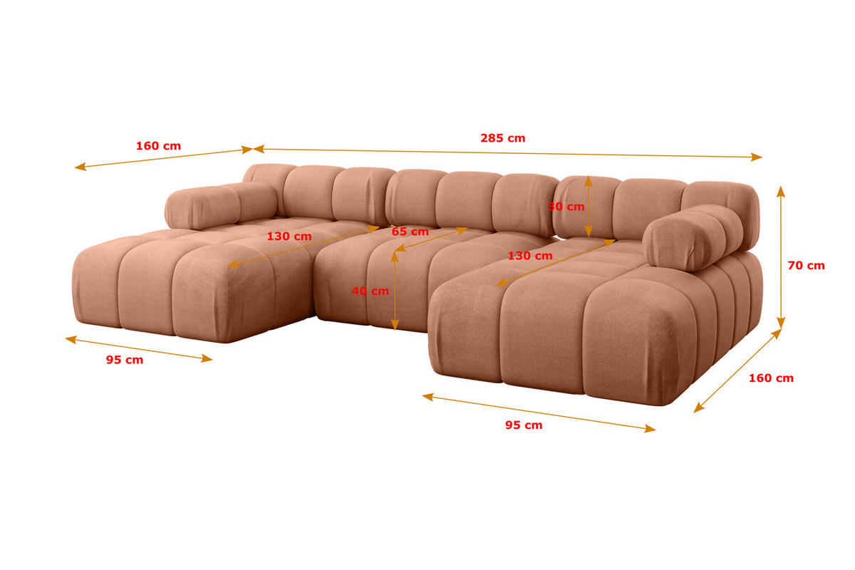 WOHNLANDSCHAFT modulares Sofa Tesso-U1 - 285x160x70 cm Apricot Velours - Koralle, Holzwerkstoff/Textil (285/70/160cm) - ALTDECOR