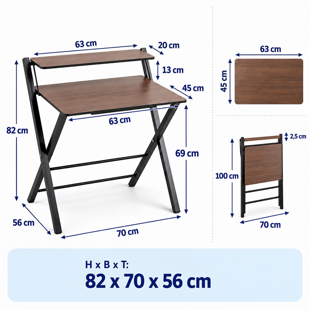 SKRIVBORD Svart fällbart med monitorhylla 70x56 cm - Svart, Träbaserade material/Metall (56/70/82cm) - Relaxdays