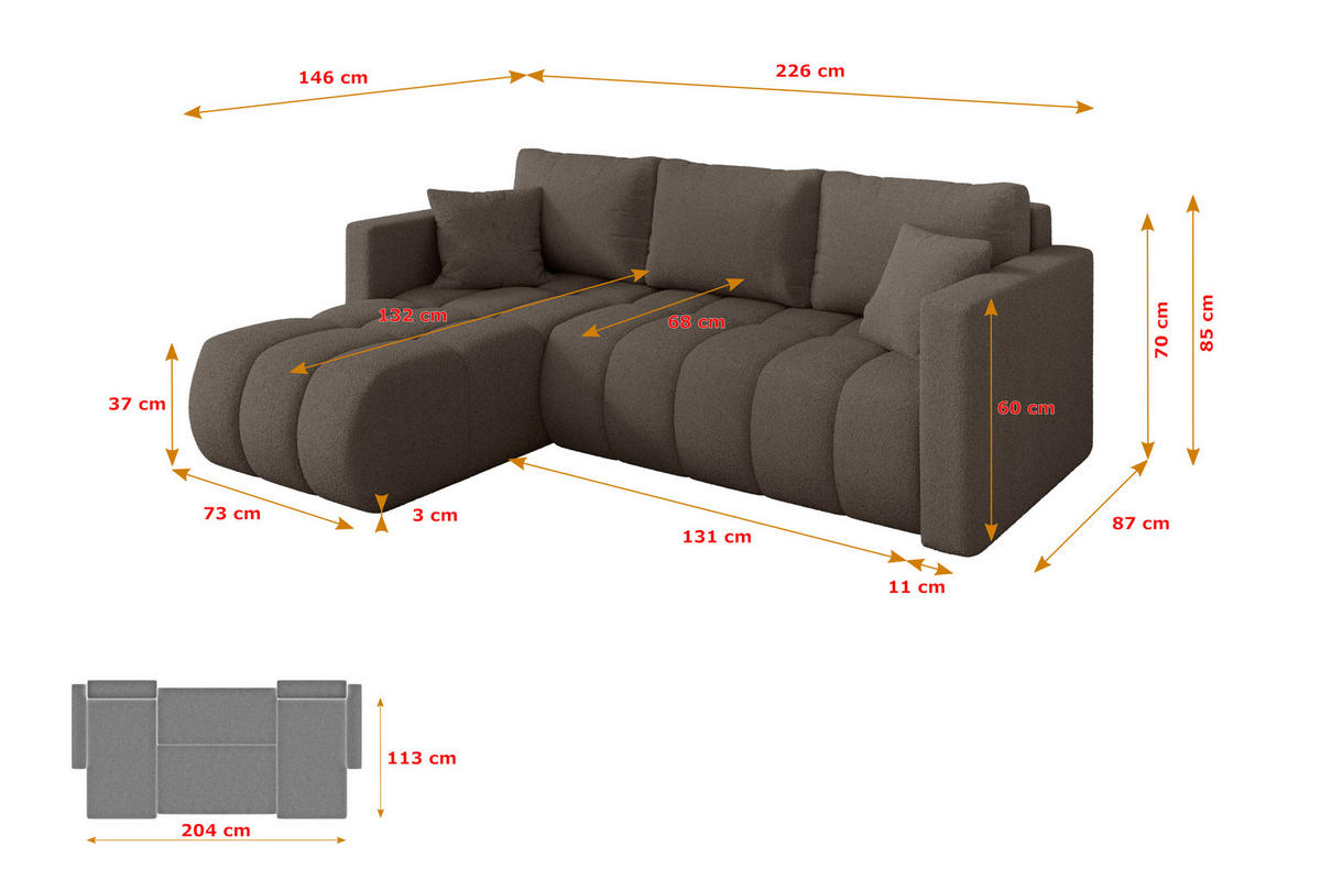 ROHOVÁ SEDAČKA s funkcí spaní, otoman vlevo GARD-L 226x146x85 hnědá bouclé - černá/hnědá, kompozitní dřevo/textil (226/146cm) - ALTDECOR