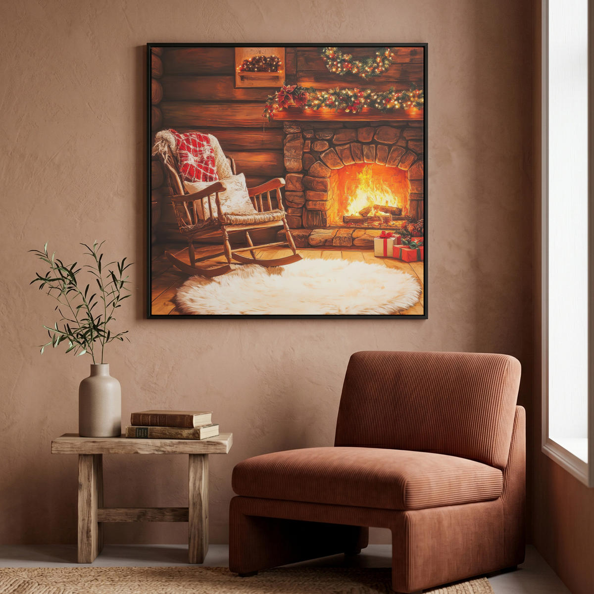 LEINWAND Bilder mit Rahmen - Winter - Weihnachten - Zuhause - Kamin - 90x90 - Bernsteinfarben, Textil (90/90cm) - MuchoWow