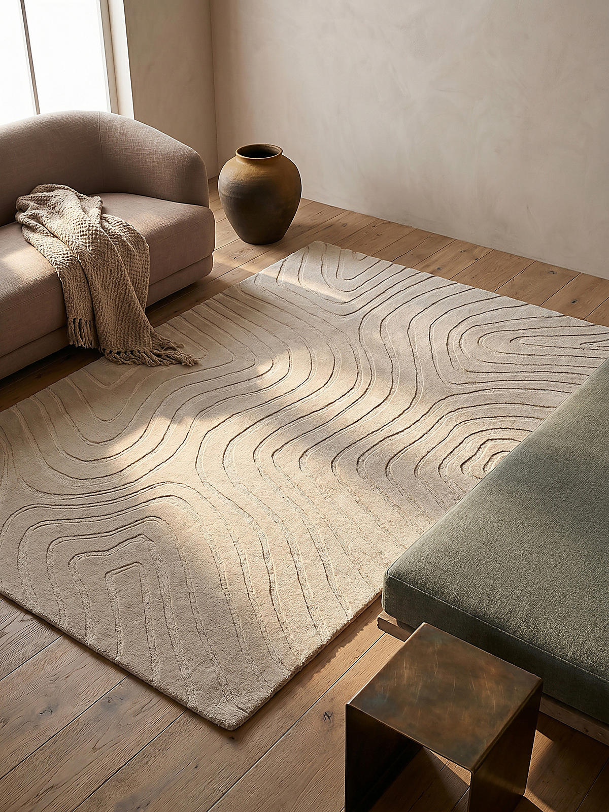 WOLLTEPPICH Wellen Abstrakt, Wohnzimmer Beige Rechteckig 200x290 - Beige, Textil (290/200cm) - KADIMA DESIGN