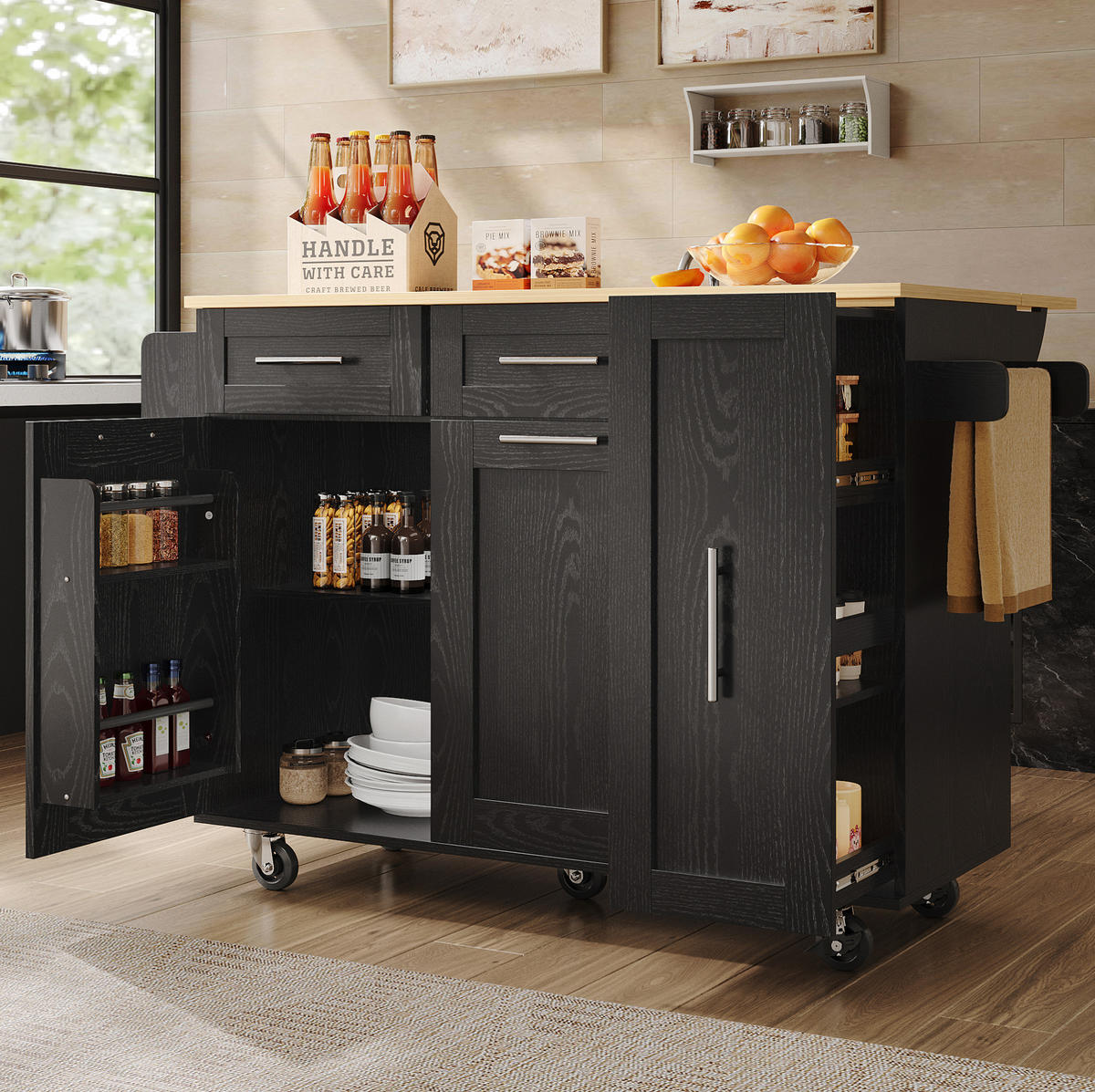 KÜCHENWAGEN 110x74x90.5cm Schwarz mit Schränken & fixierbaren Rollen - Schwarz, Holzwerkstoff (110/90.5/74cm) - Modfu