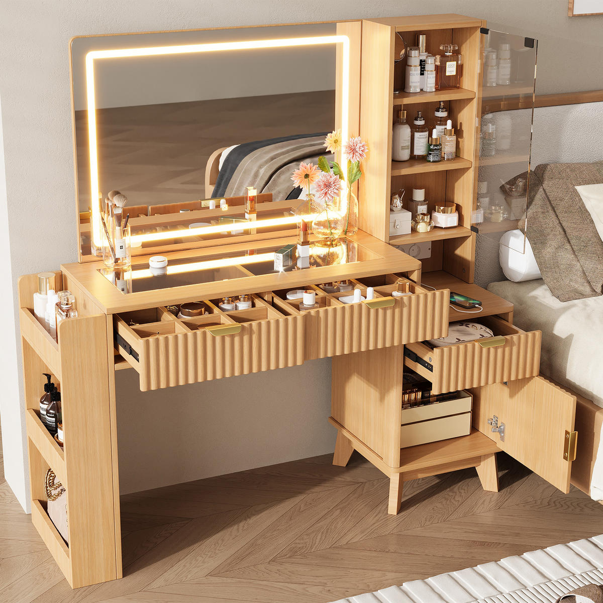 SCHMINKTISCH LED Spiegel USB Schubladen Weiß Modern - Naturfarben, Holzwerkstoff (133/136/40cm) - FLIEKS