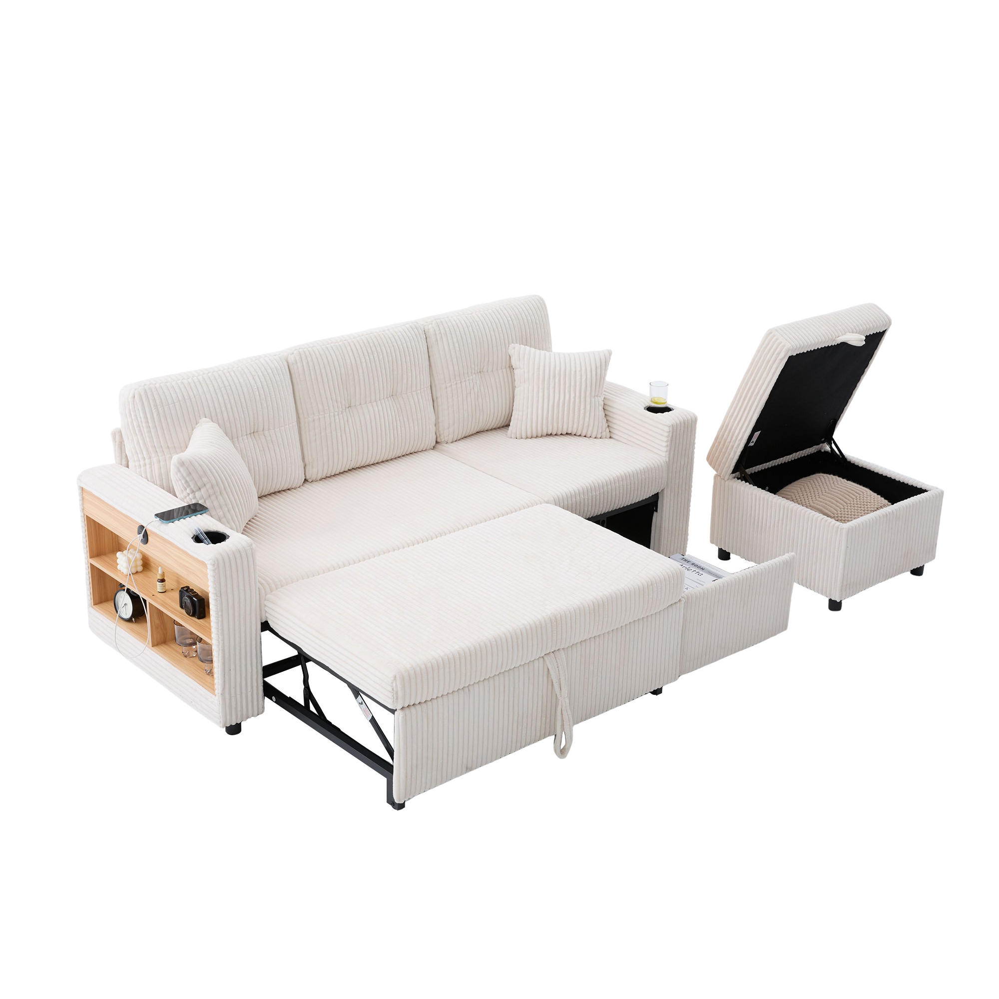 SCHLAFSOFA 3-er Sofa mit Schlaffunktion,Aufbewahrungshocker,Cord,Beige - Beige, Textil (196/85/119cm) - LVHOM