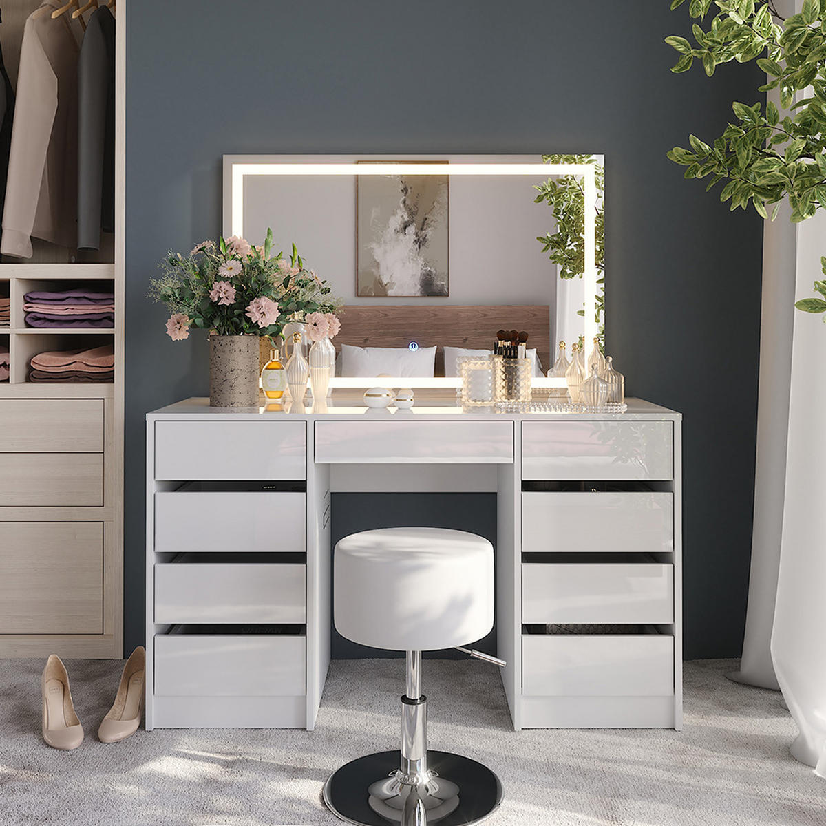 SCHMINKTISCH Sherry Weiß/Weiß Hochglanz 128.2 cm mit LED-Spiegel und Hocker - Weiß Hochglanz, Holzwerkstoff (128.2/76/50.1cm) - Vicco