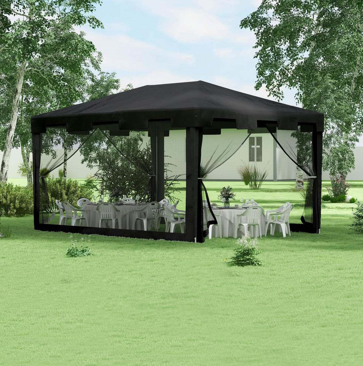 PAVILLON 395/295/255 cm dunkelgrau aus Metall mit PE-Dach und Moskitonetzen - Dunkelgrau, Metall (295/255/395cm) - OKWISH