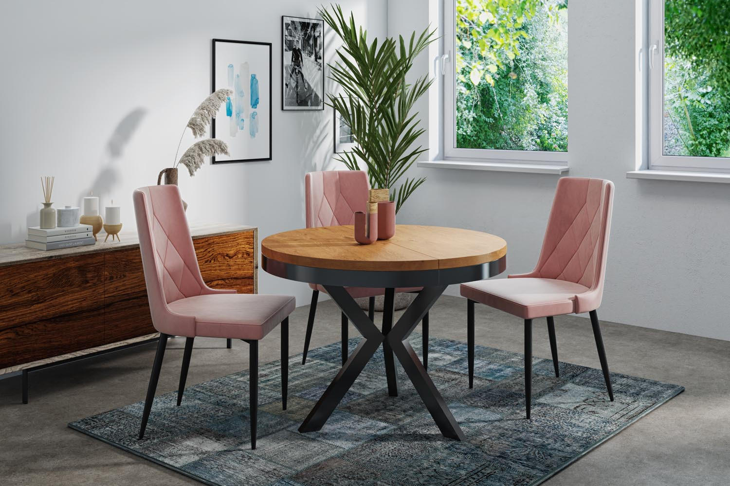 ESSTISCH Velma runder ausziehbarer, Lancelot Eiche 100-140/100/76 cm - Eichefarben/Schwarz, Holzwerkstoff/Metall (100/100/76cm) - WFL GROUP