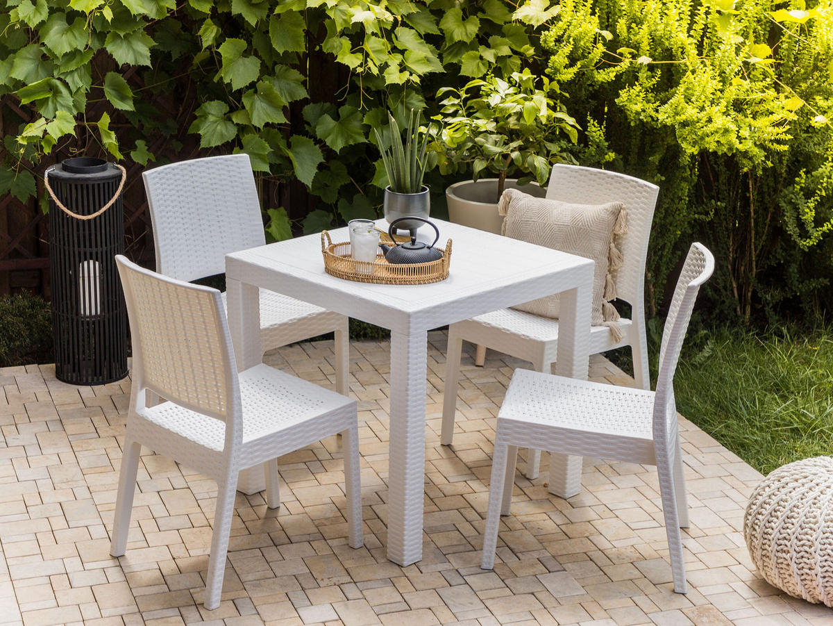 GARTENTISCH Rattanoptik weiß 80/80 cm Fossano - Weiß, Kunststoff (80/80/76cm) - Beliani