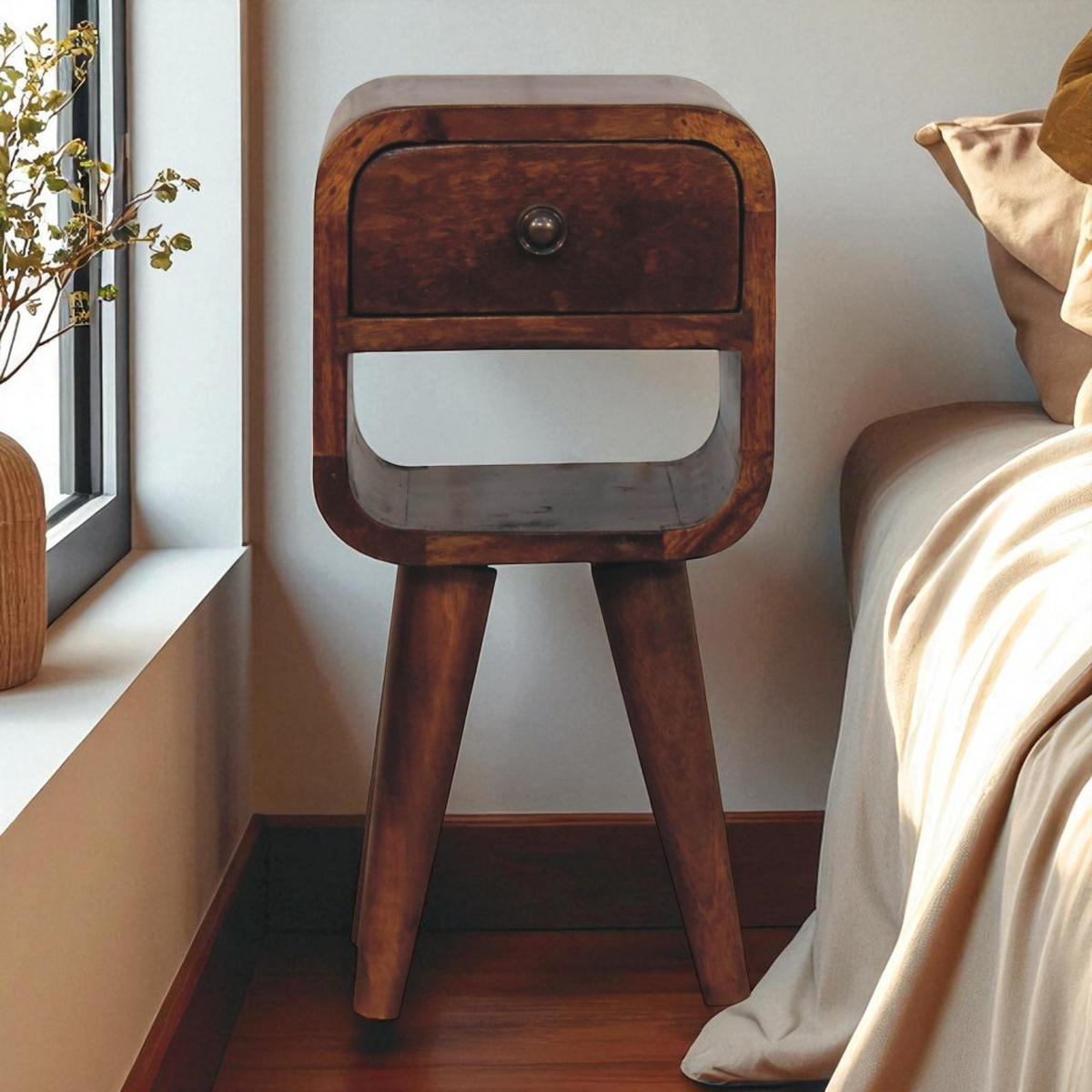 NACHTTISCH Extra Mini Curve Lower, 1 Schublade ,1 Offenes Regal, Braun - Messingfarben/Braun, Mangoholz/Holz (20/40/20cm) - Artisan Furniture