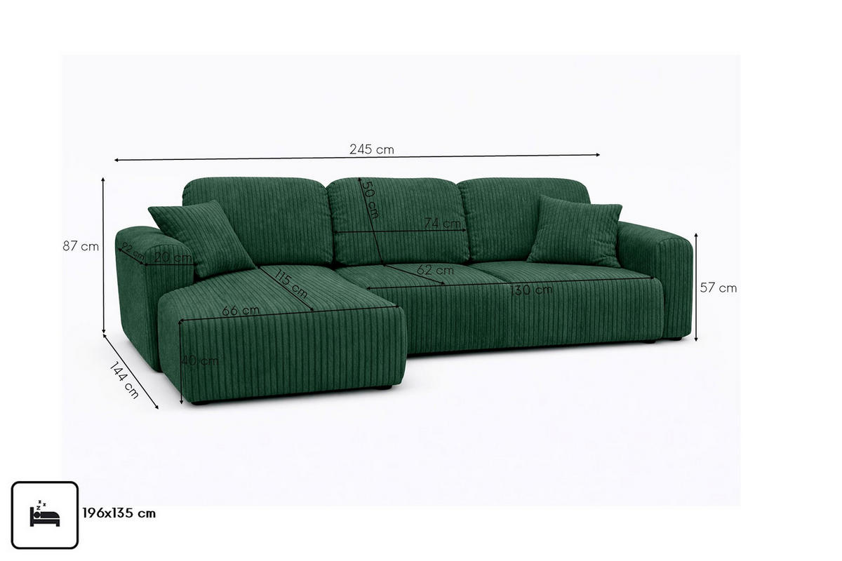 ECKSOFA Mit Schlaffunktion Und Bettkasten, Sofa L-Form Bingo L, Cordstoff Poso, Grün, Links - Grün, Holz (245/144cm) - Kaiser Möbel