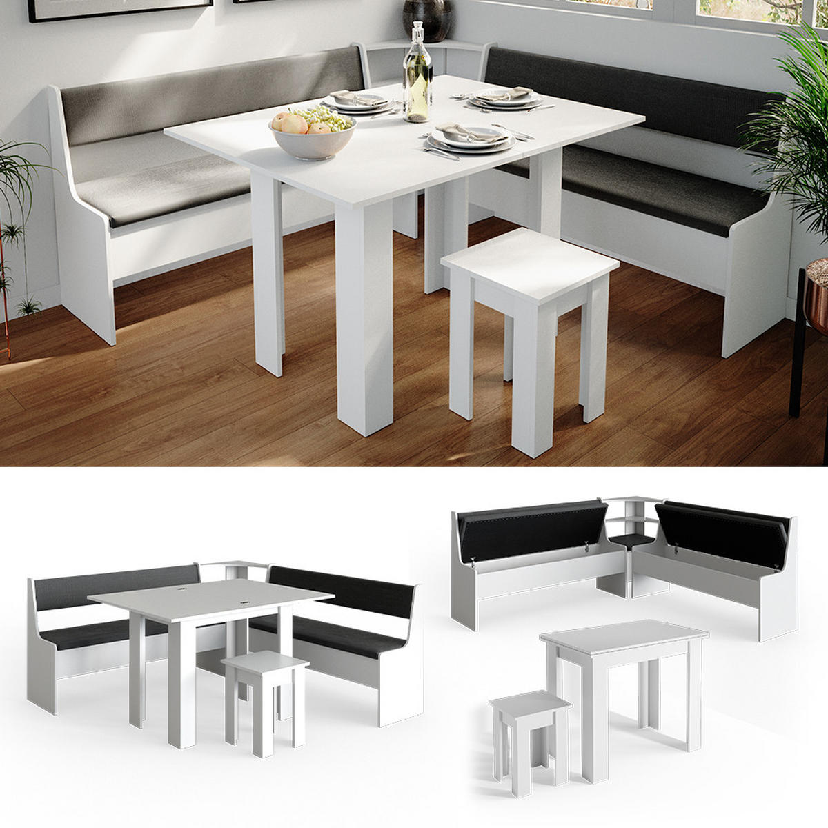 ECKBANKGRUPPE Roman Weiß 180 x 41.5 cm mit Tisch - Anthrazit/Weiß, Holzwerkstoff (180/80/180cm) - Vicco