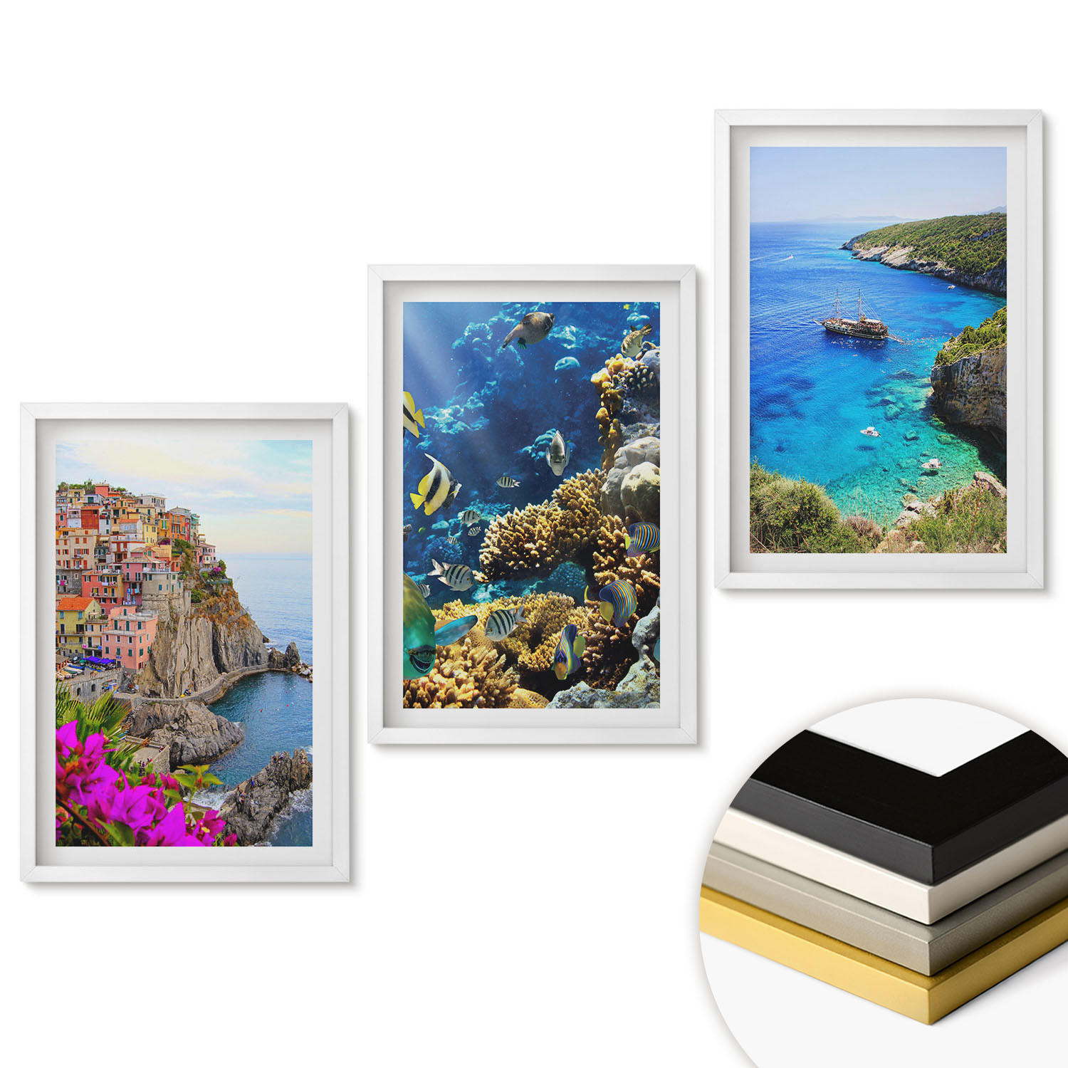 WANDBILDER 3er-Set - 40x60 cm Weißer Rahmen - Meerblick, farbenfrohe Häuser - Weiß, Kunststoff (40/60cm) - ArtPrintCave