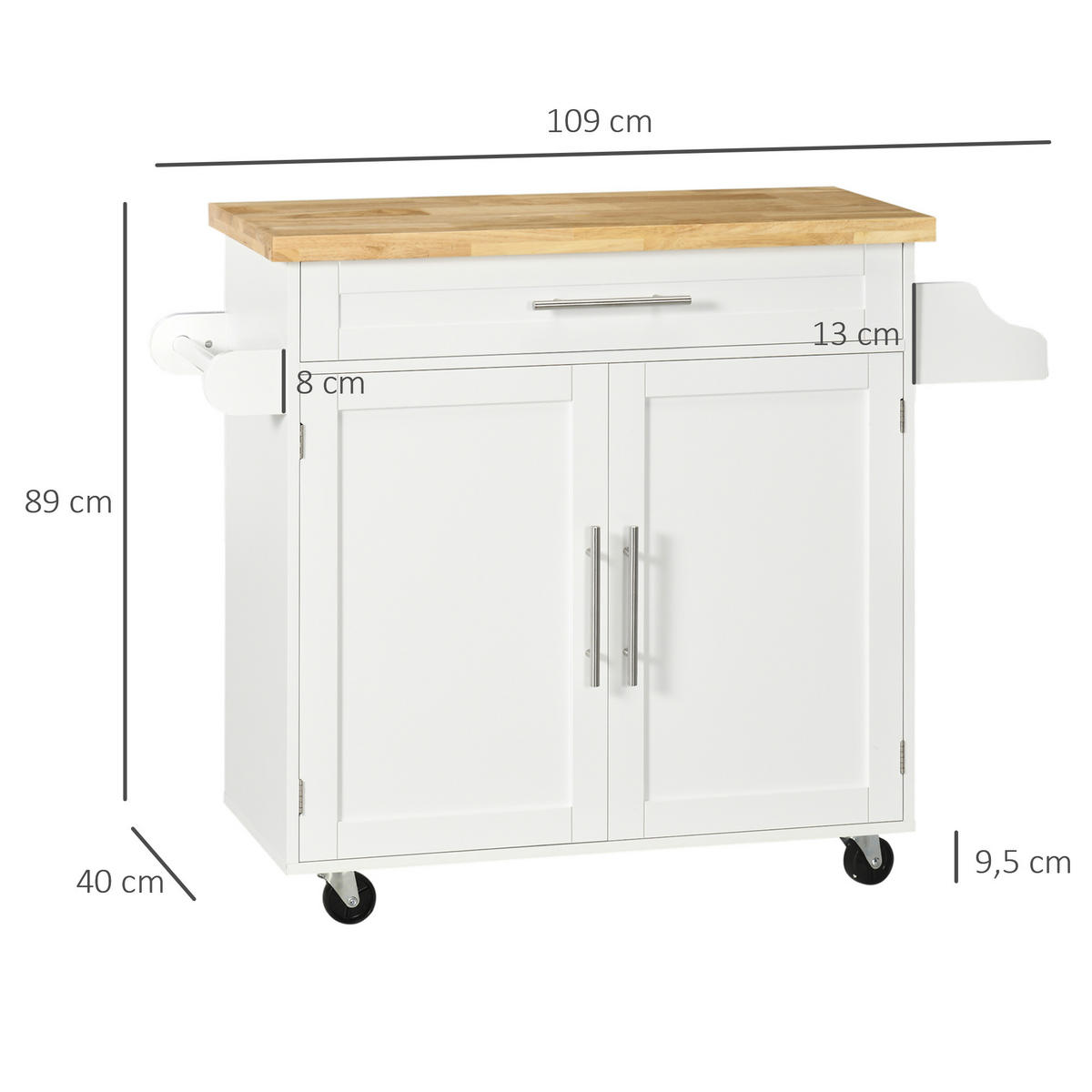 KÜCHENWAGEN, Gummiholz, Weiß, 109 x 40 x 89 cm - Weiß, Holzwerkstoff (40/89/109cm) - HOMCOM