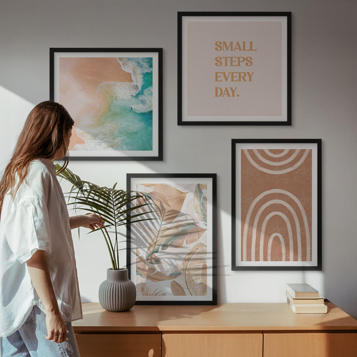 WANDBILDER 4er-Set - 50x50 cm & 40x60 cm Schwarzer Rahmen - Zarte Boho-Blätterschrift - Schwarz, Kunststoff (50/50cm) - ArtPrintCave