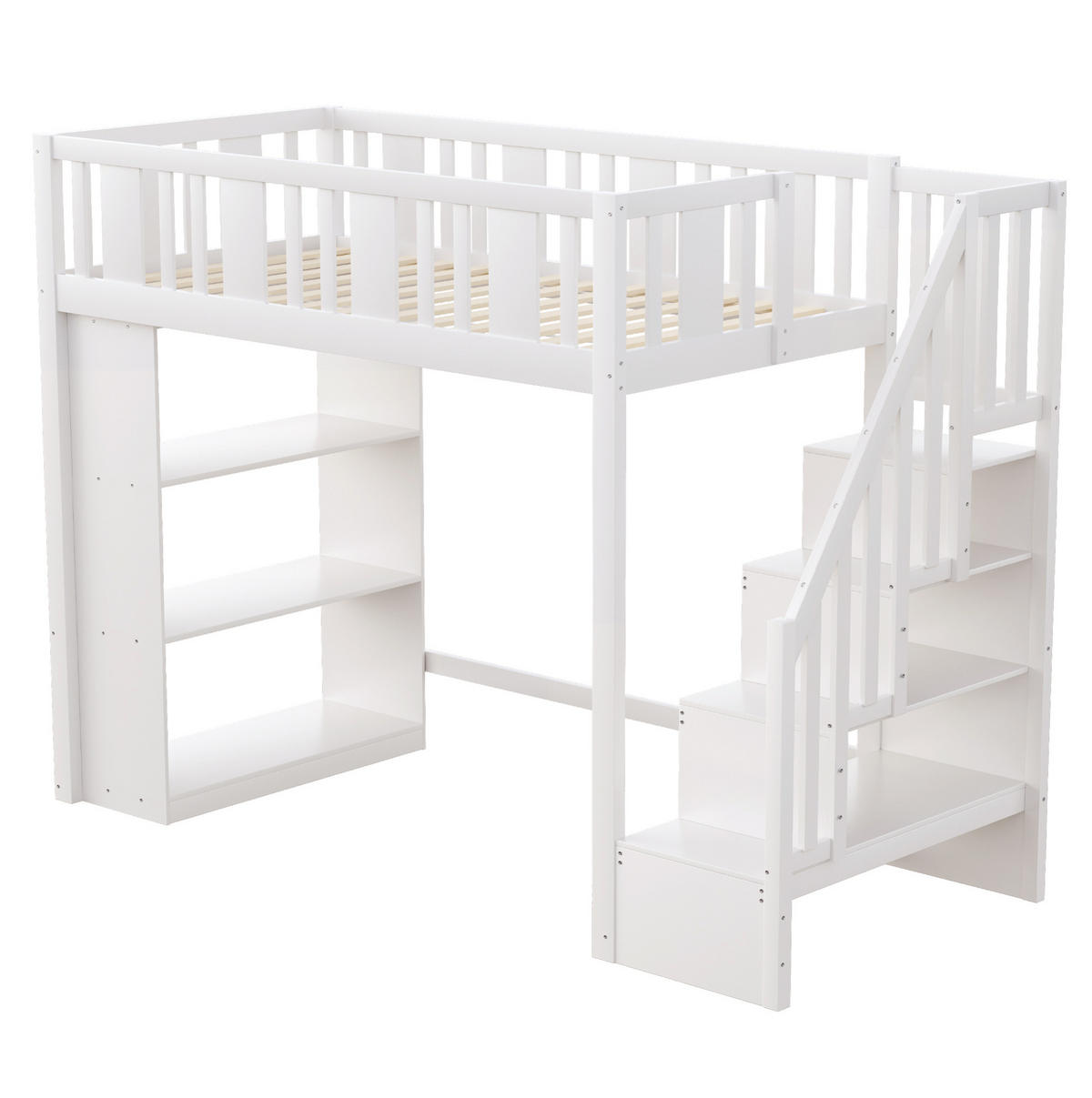 HOCHBETT 90/200 cm mit Stauraumtreppe in Weiß aus Kiefernholz mit Matratze - Weiß, Holzwerkstoff (90/200cm) - OKWISH