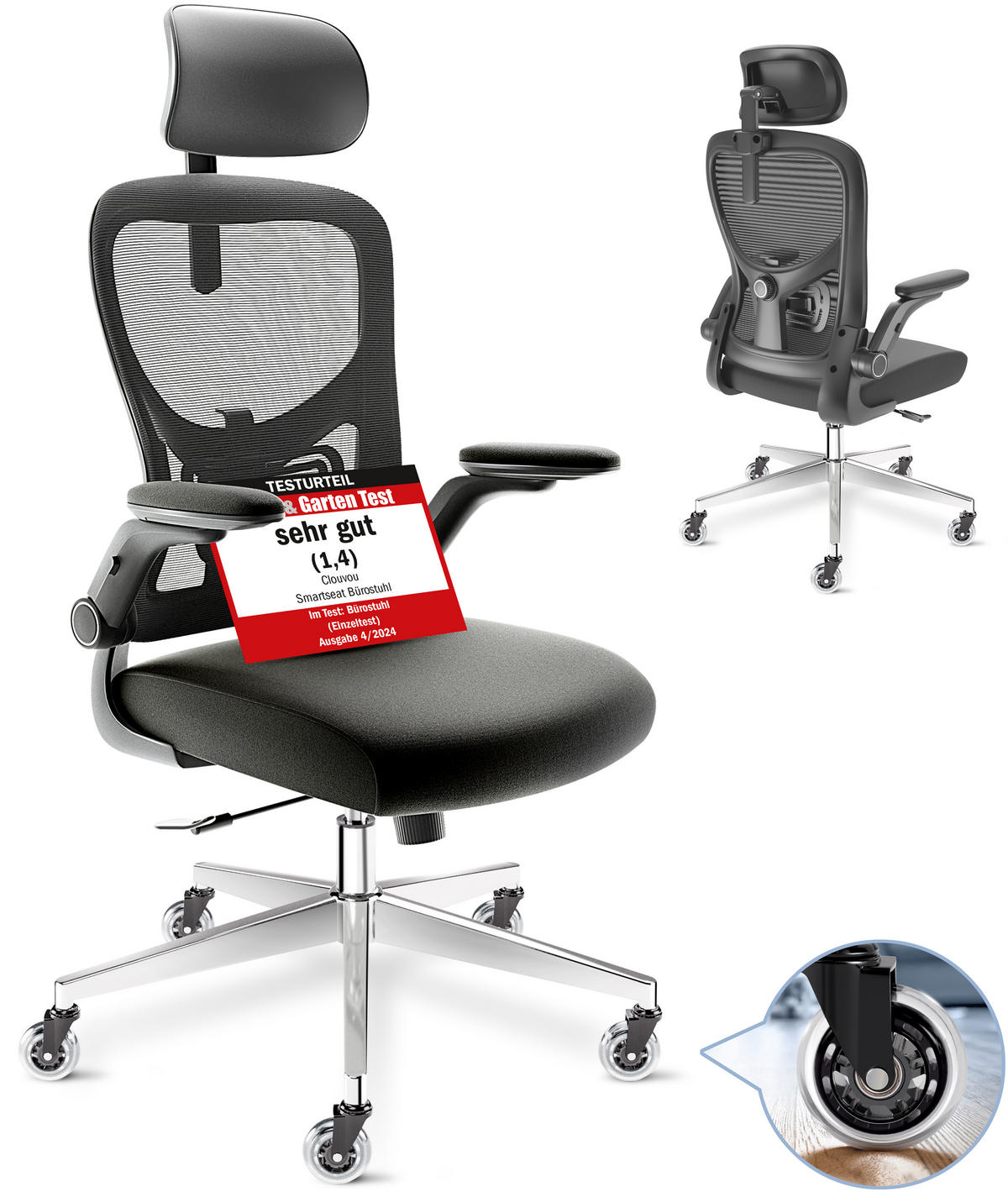 BÜROSTUHL SmartSeat Schwarz - Silberfarben/Schwarz, Kunststoff/Textil (70/142/70cm) - Clouvou