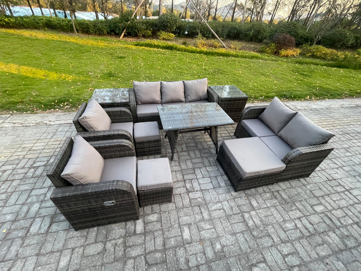 GARTENMÖBEL SET Polyrattan Dunkelgrau 10-Sitzer - Dunkelgrau/Grau, Glas/Kunststoff - Fimous