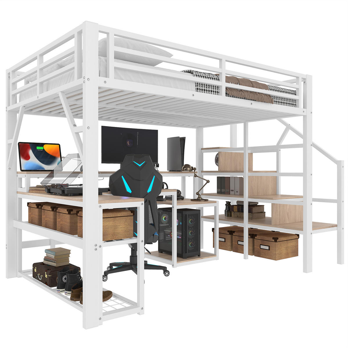 HOCHBETT 140x200cm Weiß Metall LED-Licht Schreibtisch USB - Weiß, Metall (140/200cm) - FLIEKS