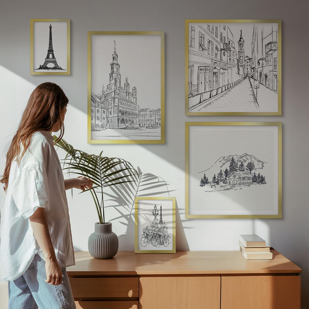 WANDBILDER 5er Set - 50x50 cm & 20x30 cm & 40x60 cm Goldrahmen - Abstrakte Gemäldekompositionen - Goldfarben, Kunststoff (40/60cm) - ArtPrintCave