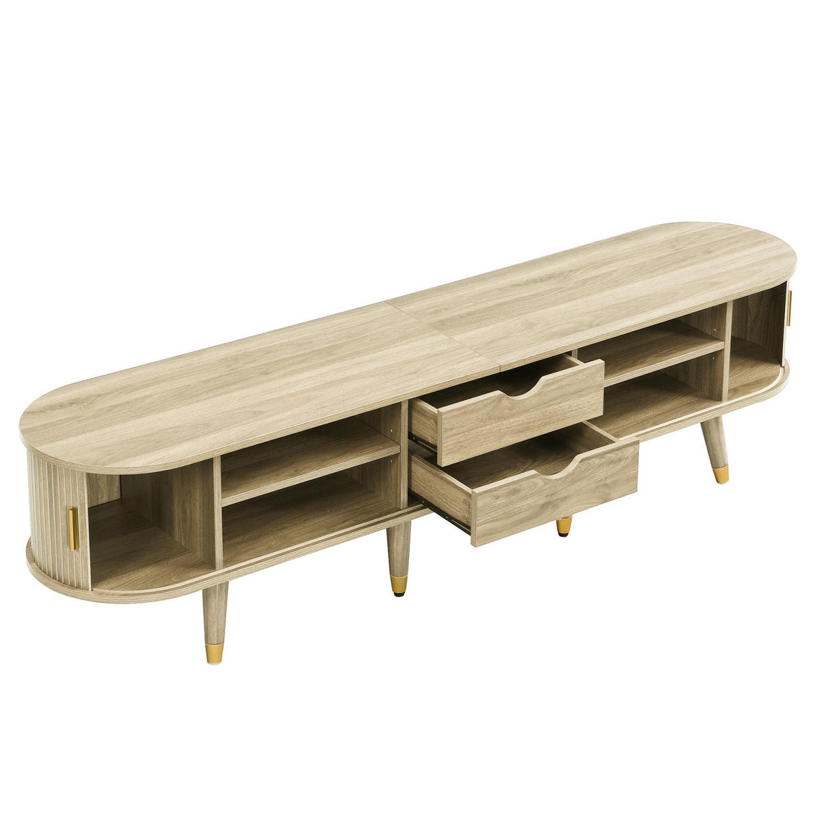 TV Lowboard 2 Schiebetüren, 2 Schubladen, Eiche - Braun, Holz (175/45/38cm)