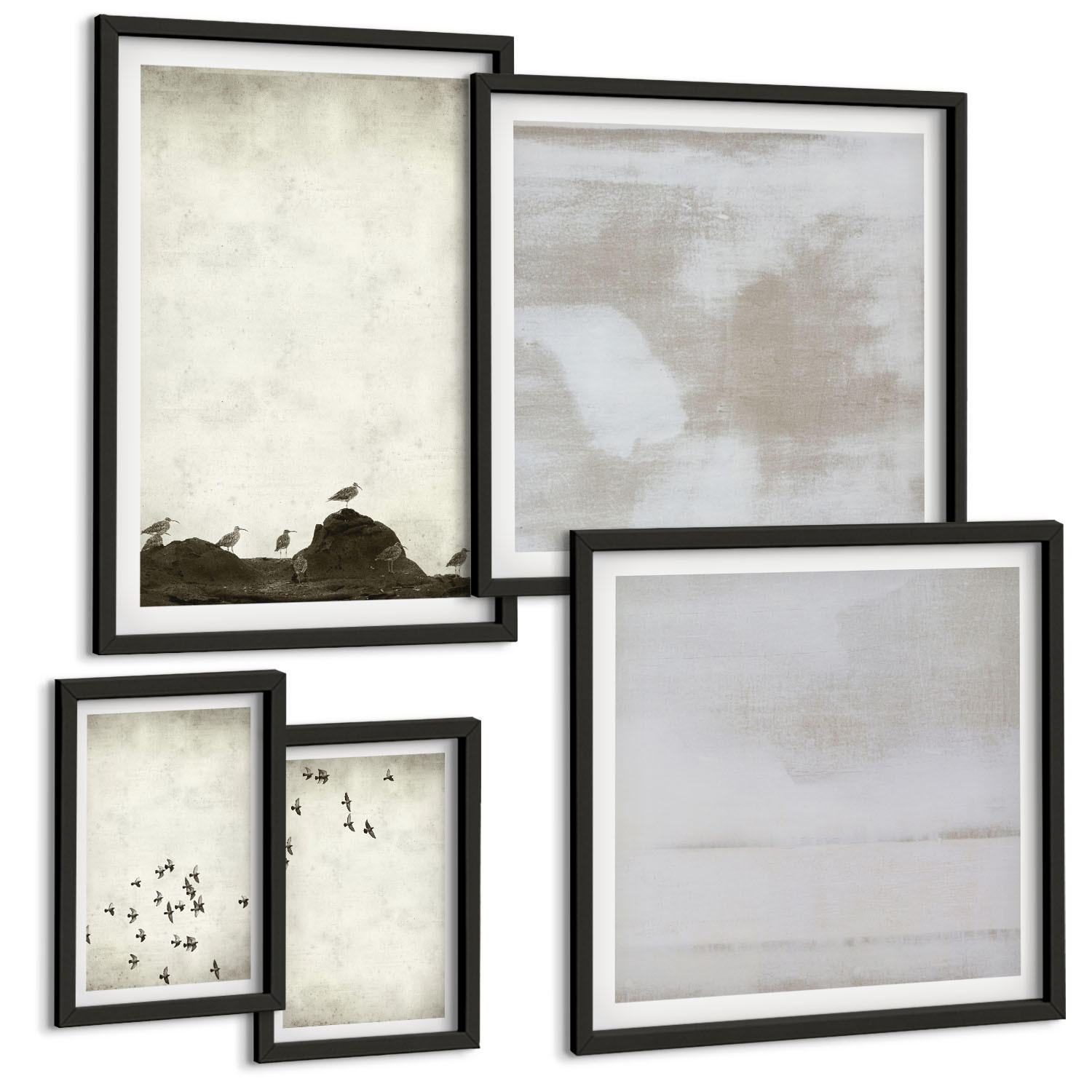 BILDER SET 5er Set - 50x50 cm & 20x30 cm & 40x60 cm Schwarzer Rahmen - Minimalistische Vögel im Flug - Schwarz, Kunststoff (40/60cm) - TULUP