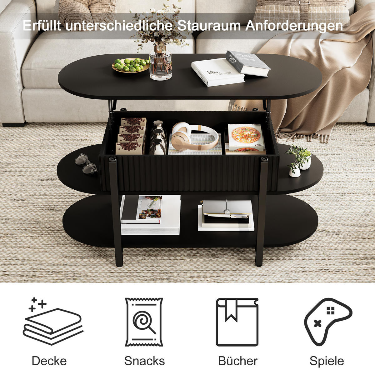 HÖHENVERSTELLBARER COUCHTISCH schwarz mit großem Stauraum - Schwarz, Holz (106/38/50cm) - SHOPENTRA