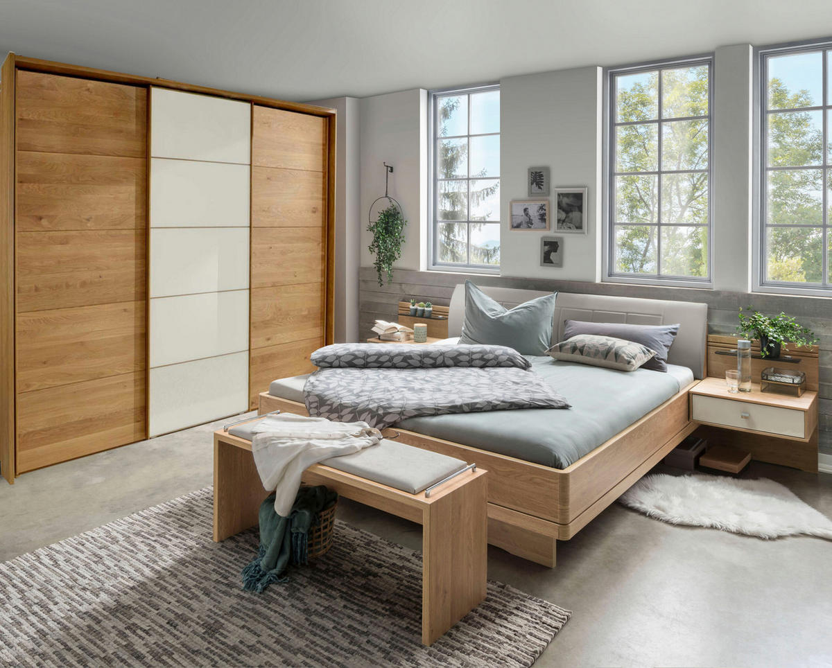 SCHLAFZIMMER Lenvara mit in Eiche und Champagner 4-teilig mit Schwebetürenschrank mit Spiegel, Passepartout, zwei Nachttische und Komfortbett - Braun, Holzwerkstoff (80/200/120cm)