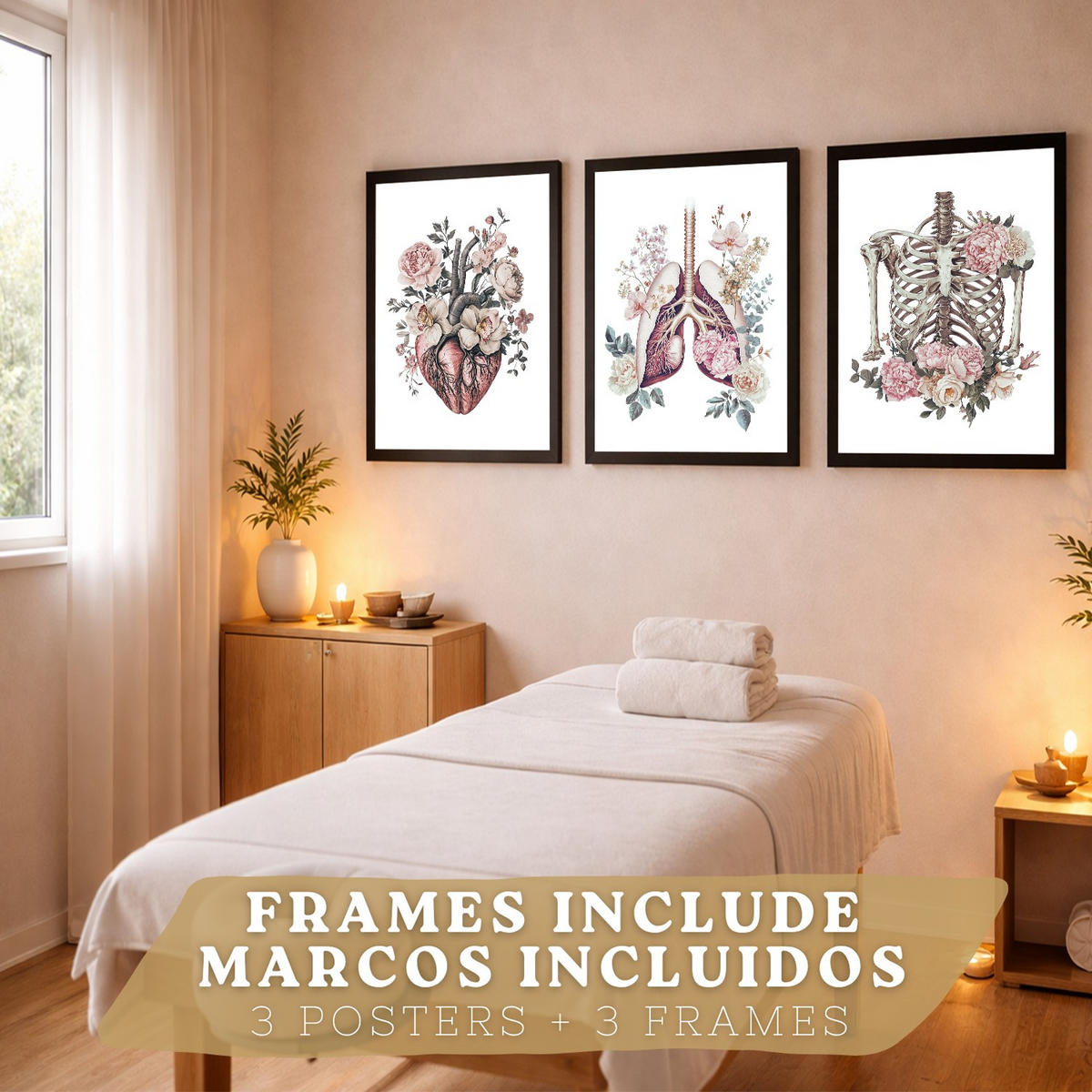 POSTER Set aus 3 Anatomie Florale Drucke und Wandbilder mit Herz Brustkorb und Lungen Detaillierter Illustrationsstil Größe Schwarzer Rahmen A4 - Schwarz, Papier (21/29.7/3cm) - Nacnic