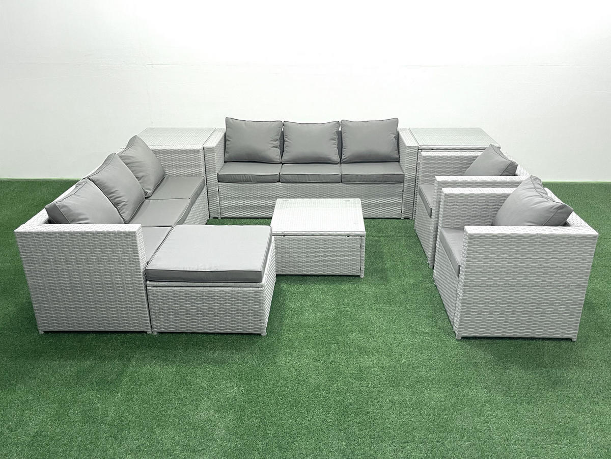 GARTENMÖBEL-SET mit Kissen Polyrattan Hellgrau-Mix 9-Sitzer - Hellgrau/Grau, Glas/Kunststoff - Fimous