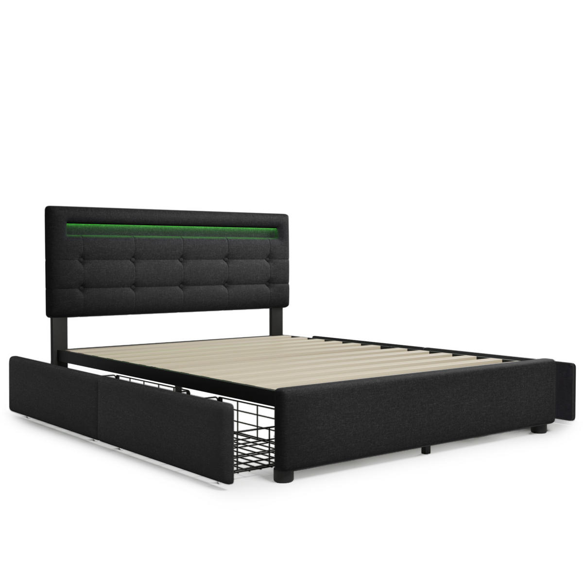 ČALOUNĚNÁ postel 140/200 cm černá z lnu s LED osvětlením, matrací a 4 zásuvkami - černá, textil (140/200cm) - OKWISH