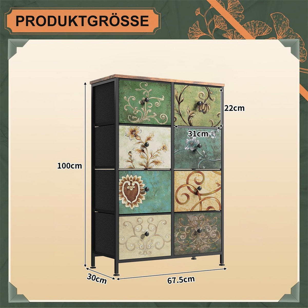 KOMMODE mit 8 Schubladen - bunte Vintage-Muster und Schwarzer Griff - Mehrfarbig - Multicolor, Metall (67.5/100/30cm) - DELFA