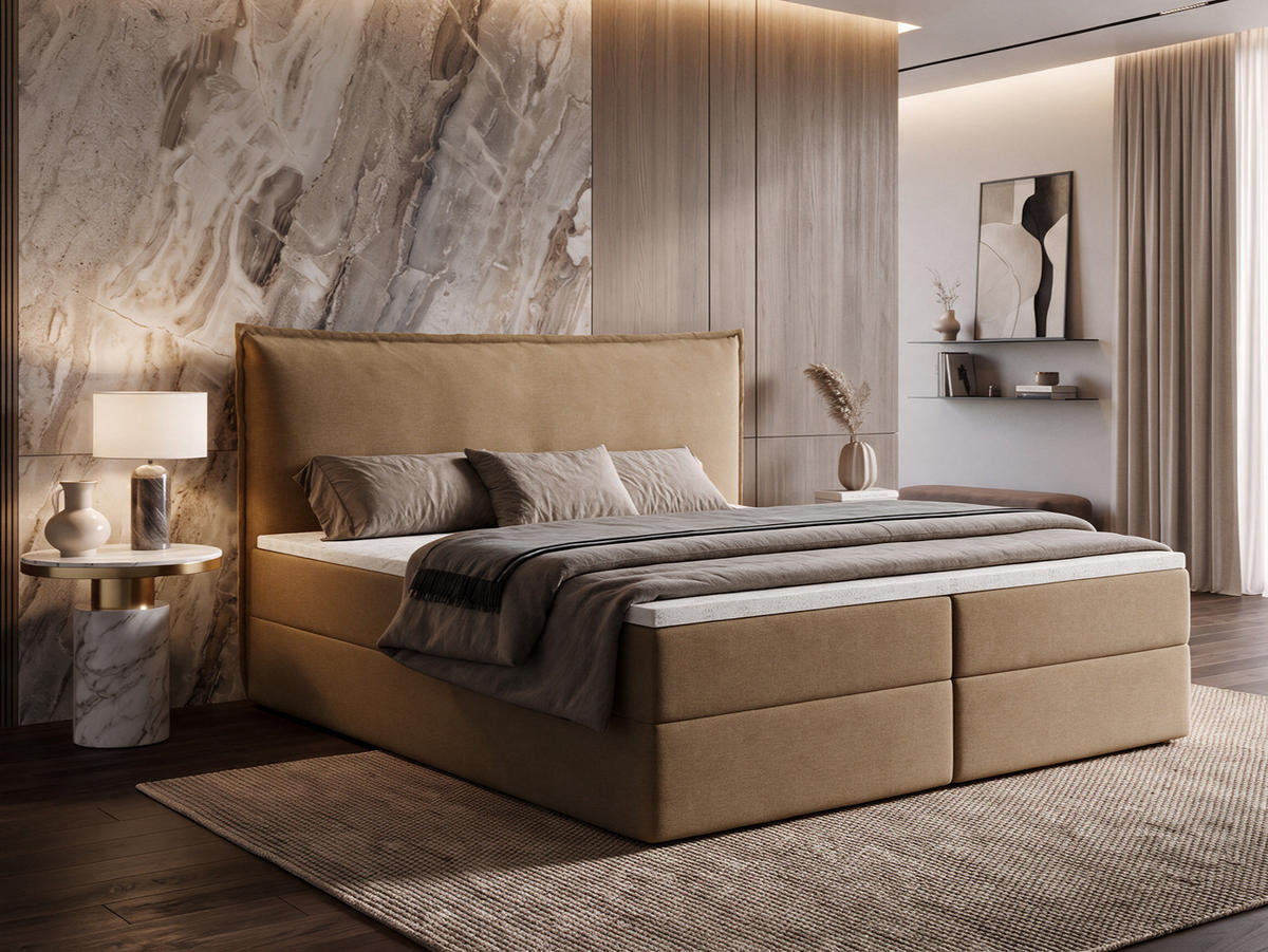 BOXBETT ARENO 200x200 cm Komplett-Set mit Bettkasten, Bonell-Matratze H3 und Topper - Braun - Braun, Textil (200/200cm) - Luxkor24