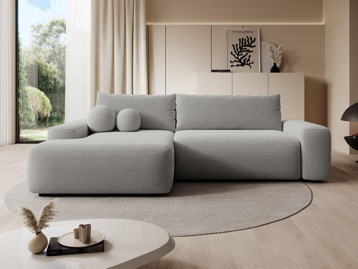 ECKSOFA RUOTA Grau Boucle-Stoff mit Schlaffunktion - Grau, Holz (264/162cm) - MASSENO