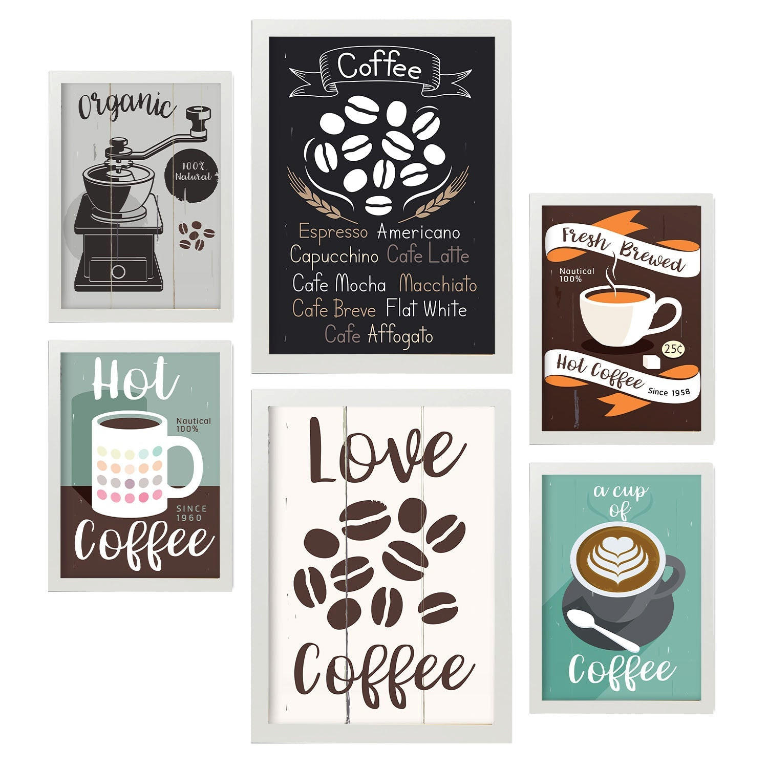 POSTER Set Mit 6 Kaffee Vollfarbige Illustrationen Von Kaffee & Getränken Im Werbetafel Illustrationen Für & Heim A3 & A4 Weißer Rahmen - Weiß, Papier (29/3cm) - Nacnic